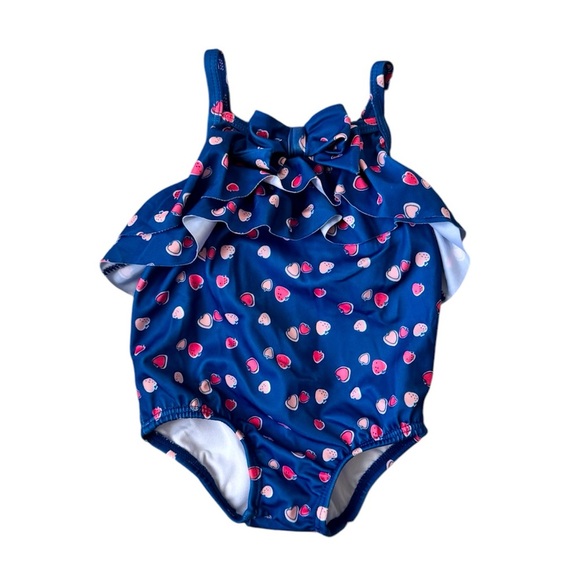 Gymboree Other - Baby Girls’ Bathing suit Navy Blue Heart Print Ruffle One-Piece Swimsuit 3-6 mo